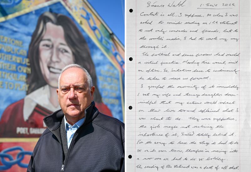 Séanna Walsh, one of the longest-serving IRA prisoners in the conflict period, and a handwritten reflection he gave to Brian Rowan. Photographs: Brian Rowan personal archive for The Open University