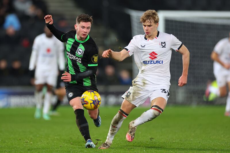 Jamie Mullins of Brighton U21s in action against Albert Wood of MK Dons during the Bristol Street Motors Trophy match at Stadium mk. Photograph: Marc Atkins/Getty Images
