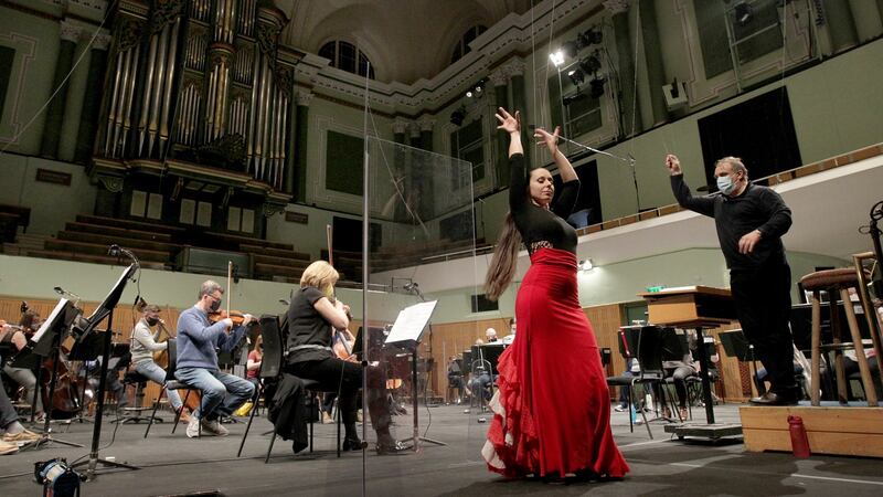 Rebeca Sanchez performing Falla’s El amor brujo (Love the Magician) with the RTÉ National Symphony Orchestra and chief conductor Jaime Martín as part of RTÉ National Symphony Orchestra LIVE. Photograph: RTÉ National Symphony Orchestra
