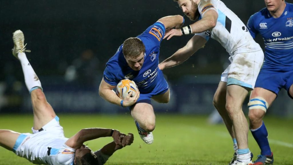 Leinster’s Sean Cronin in action against Glasgow’s  Chris Cusiter and Tommy Seymour during the RaboDirect Pro12 clash at the RDS. Photo: Ryan Byrne/Inpho
