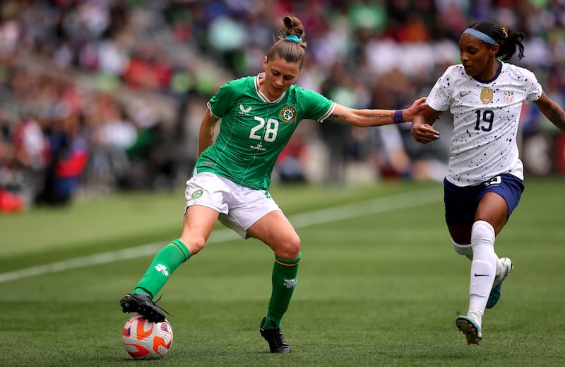 Sinead Farrelly, one of five US-born players in the Ireland squad, in action against the US in April. Photograph: Ryan Byrne/Inpho