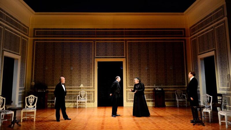 10/12/2012 NEWS Abbey Theatre photocall for The DeadFrom left : Derry Power, Lorcan Cranitch, Rosaleen Linehan and Stanley Townsend on the stage of the Abbey Theatre for a full dress rehearsal including all 22 cast members of The Dead by James Joyce. It is the Abbey's first ever staging of the Joyce's great Dublin story , set in the city in 1904 and is dramatised by playwright Frank McGuinness The play runs until January 19th .Photograph: Bryan O'Brien / THE IRISH TIMES Keywords : stage drama theatre art arts culture joyce joycean james ulysses dead abbey theatre gate joan bergin