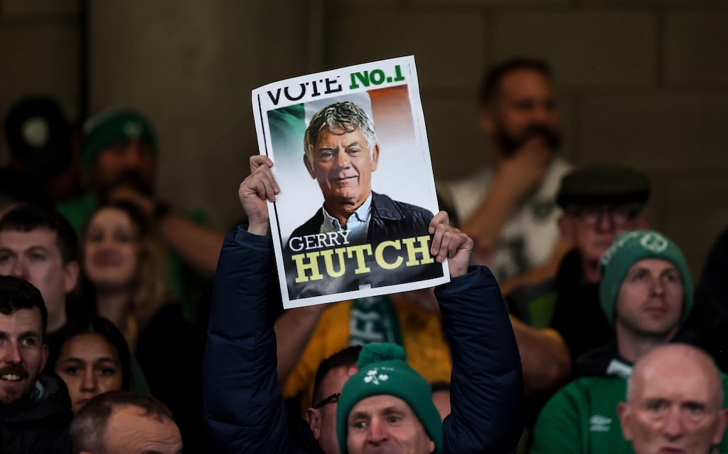 Gerry Hutch's poster is seen at Friday night's Republic of Ireland versus Finland match. Photograph: Bryan Keane/Inpho