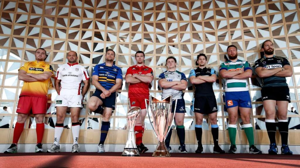 Pictured at the low-key lauch launch of the European Rugby Champions Cup & European Rugby Challenge Cup (L-R) Scarlets Ken Owens, Ulster’s Rory Best, Leinster’s Jamie Heaslip, Munster’s Peter O’Mahony, Connacht’s Jason Harris Wright, Glasgow Warriors Henry Pyrgos, Benetton Treviso’s Antonio Pavanello and Osprey’s Alun Wyn Jones. Photograph: Billy Stickland/Inpho