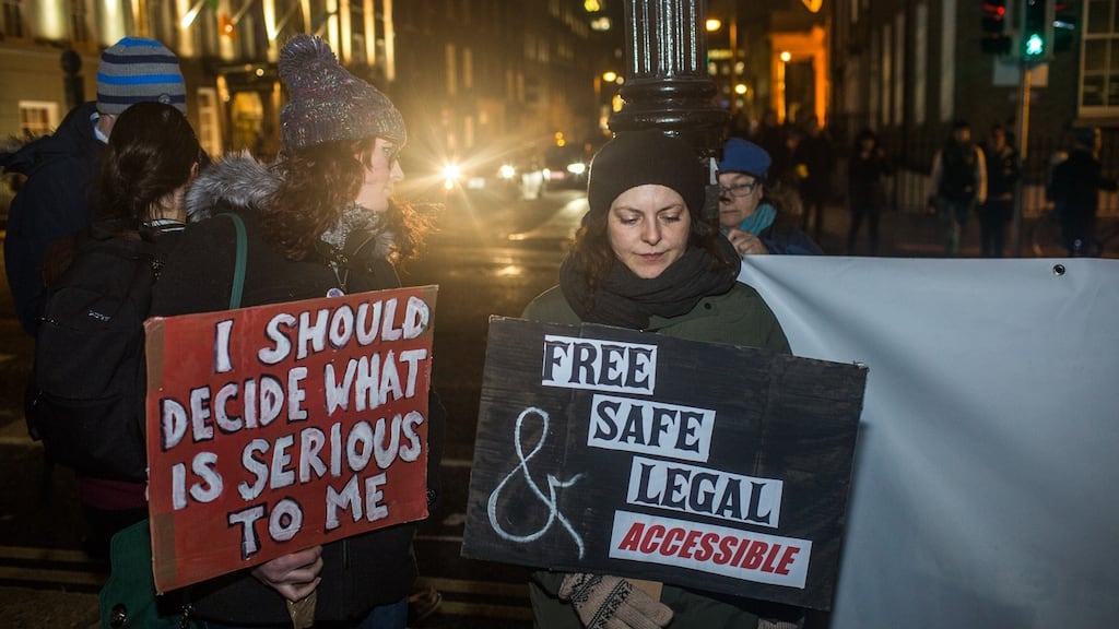 A protest outside the Dáil demanding the right to free and safe legal abortion. Photograph: James Forde