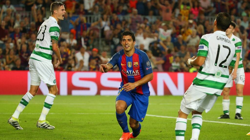 Barcelona’s Luis Suarez celebrates his scoring his side’s seventh goal against Celtic. The last time Barcelona failed to reach the Champions League quarter-finals was 10 seasons ago. Photograph: Paul Hanna/Reuters