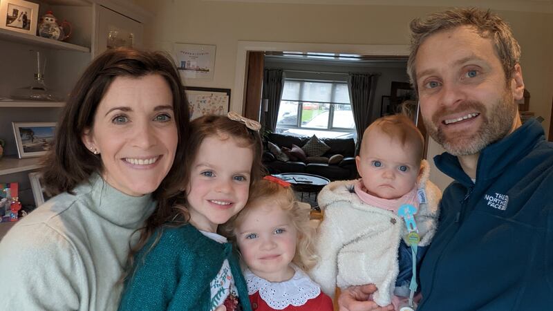 Mum and Dad Deirdre and Brian Leahy, with Corlaith, Saorla and baby Caoimhe at home in Ashbourne, Co. Meath in January 2022