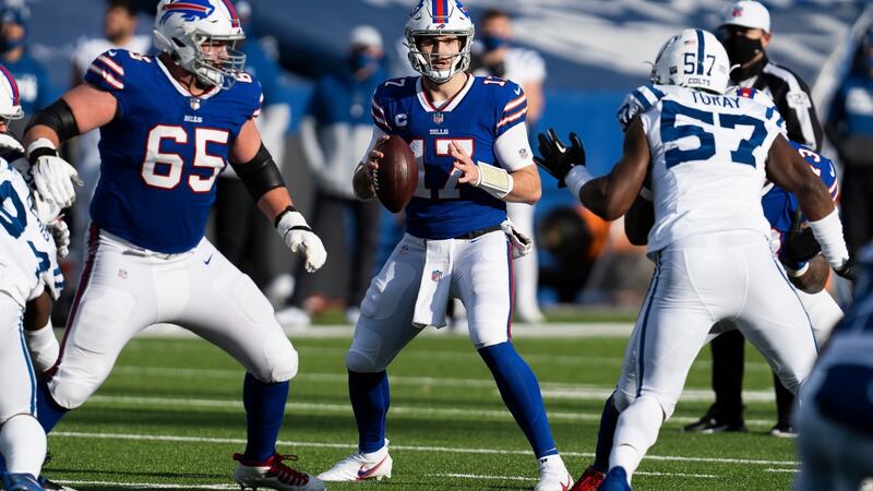 Quarterback Josh Allen drops back for a pass as the Buffalo Bills hosted the Indianapolis Colts for their first playoff game in 25 seasons, at Ralph Wilson Stadium in Orchard Park, New York. Photograph: Libby March/New York Times