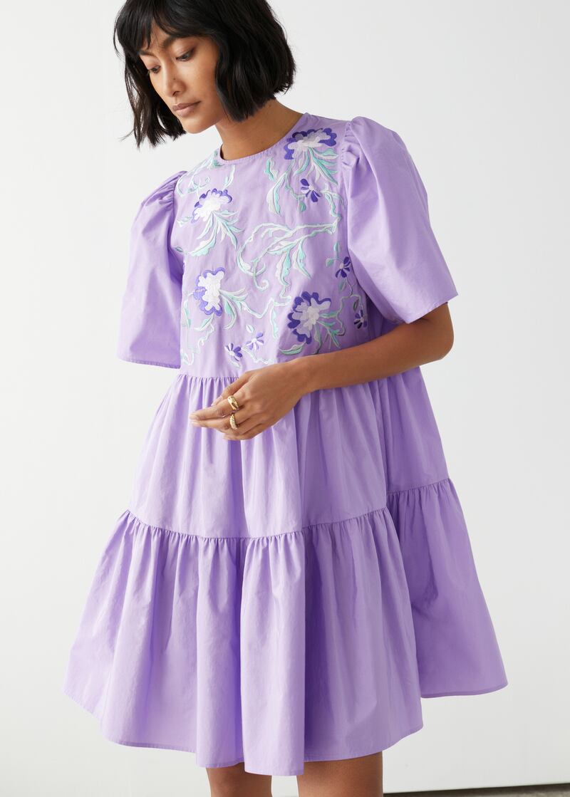 Embroidered purple tent dress, €99, stories.com.