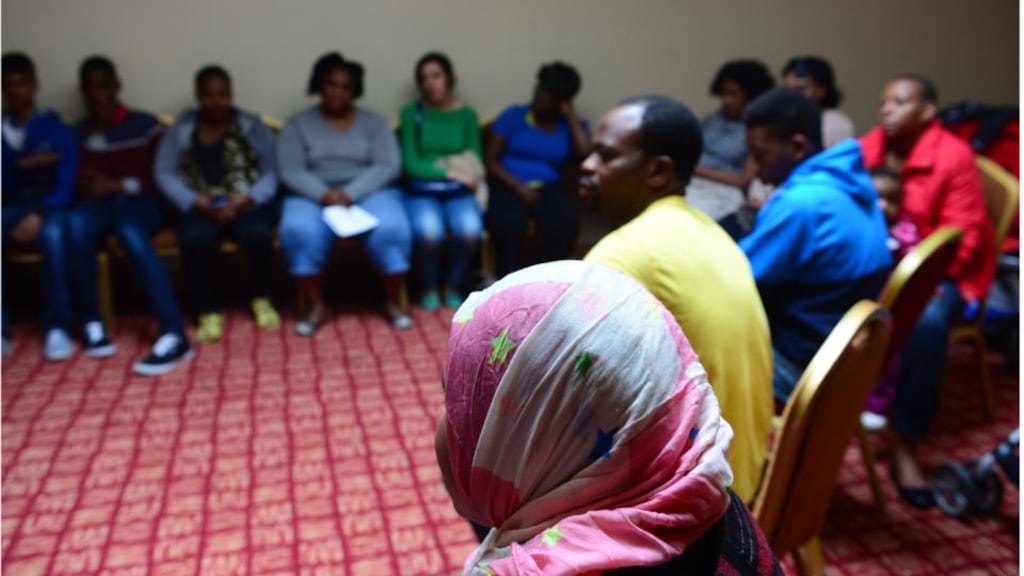 A group of asylum seekers from the Eglinton direct provision centre Salthill, Galway, who gathered to speak to Irish Times journalist Carl O’Brien in Galway recently. Photograph: Bryan O’Brien