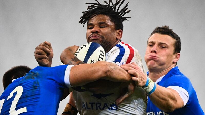 France’s wing Teddy Thomas is tackled during this side’s win over Italy. Photograph: Ann-Christine Poujoulat/Getty/AFP