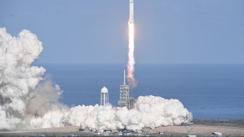 Falcon Heavy takes off from Pad 39A at the Kennedy Space Center in Florida on Tuesday. Photograph: AFP/Jim Watson/Getty