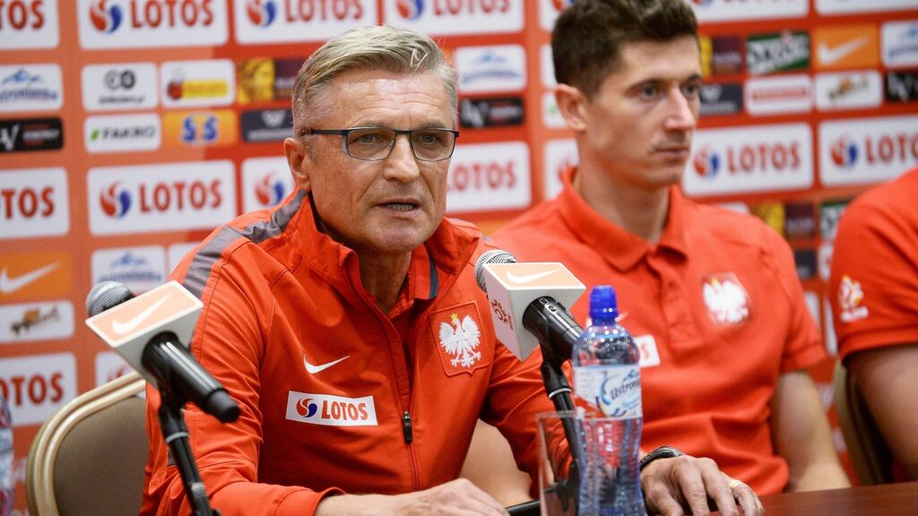 Polish head coach Adam Nawalka (L) and striker Robert Lewandowski (R) Photograph: Bartlomiej Zborowski/EPA