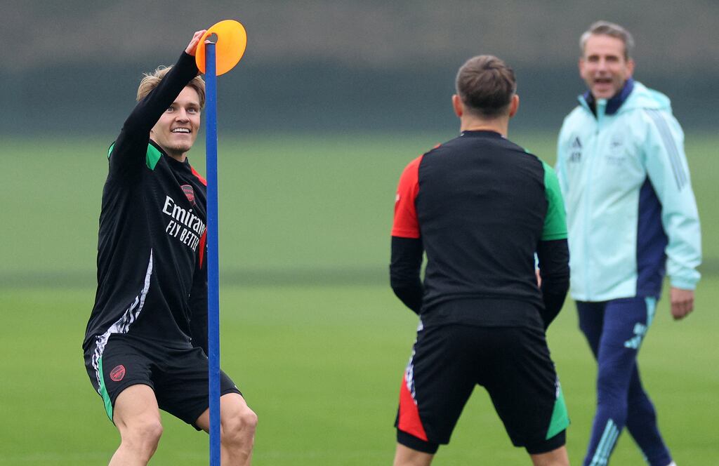 Arsenal captain Martin Ødegaard taking part in training on Tuesday ahead of Wednesday's Champions League game against Inter Milan in Italy. Photograph: Adrian Dennis/AFP via Getty Images