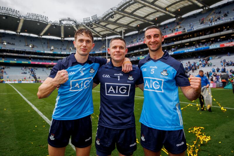 Dublin’s Michael Fitzsimons, Stephen Cluxton and James McCarthy celebrate after the 2023 All-Ireland final against Kerry. Mandatory Credit James Crombie/Inpho