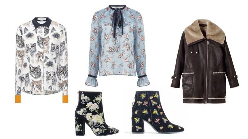 Stella McCartney cat printed shirt, €595 at Brown Thomas; Marks & Spencer floral blouse, €40; J Lindeberg shearling aviator coat, €1,180 at Arnotts; Miss Selfridge floral boots, €120; Zara black boots, €129