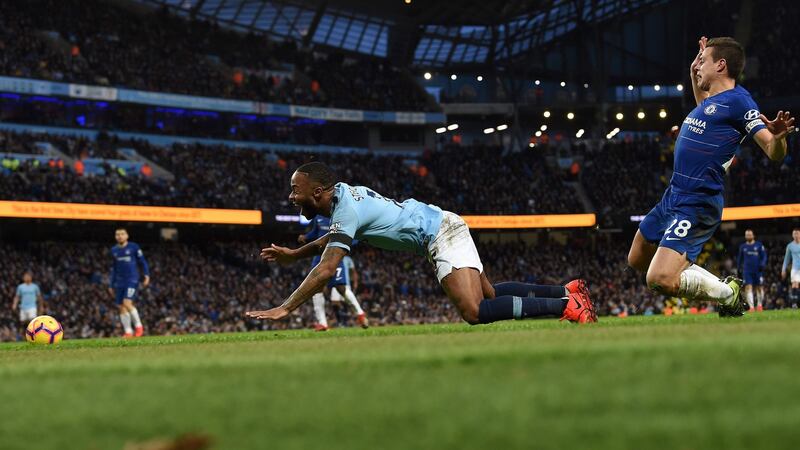 Raheem Sterling is fouled by Cesar Azpilicueta for City’s penalty. Photo: Paul Ellis/Getty Images
