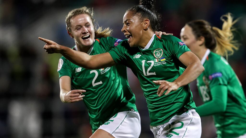 Ireland’s Rianna Jarrett celebrates scoring her side’s second goal during the Uefa Women’s European Championship qualifier against the Ukraine at Tallaght Stadium. Photograph: Laszlo Geczo/Inpho