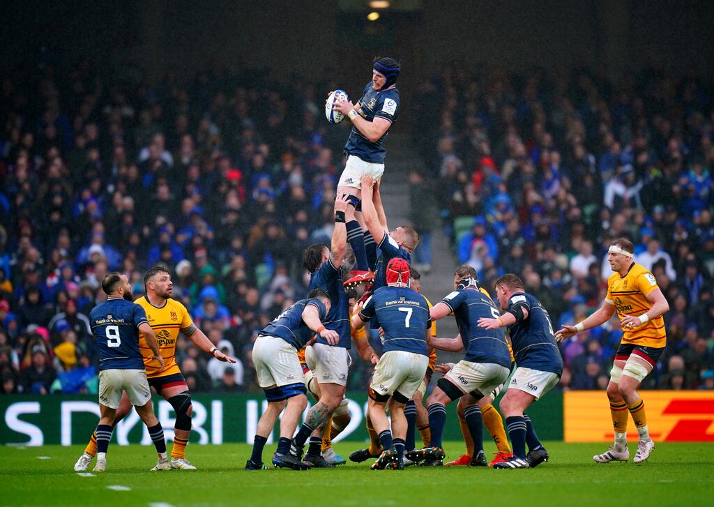 Leinster Rugby's Ryan Baird wins the line-out during the Heineken Champions Cup round of 16 match at the Aviva Stadium, Dublin. Picture date: Saturday April 1, 2023.