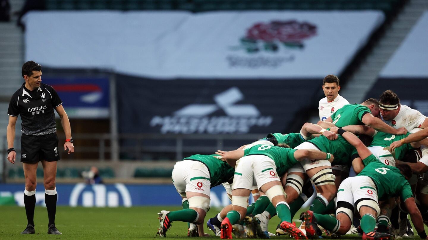 French referee Pascal Gaüzère awards a penalty at the scrum during the Autumn Nations Cup at Twickenham. Photograph: Adrian Dennis/AFP via Getty Images
