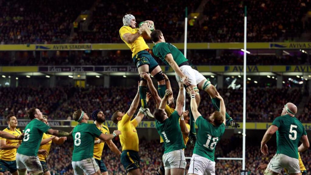 Devin Toner challenges Australia’s Ben Mowen in a lineout during Ireland’s 32-15 loss at the Aviva Stadium on Saturday. Photograph: Cathal McNaughton/Reuters.