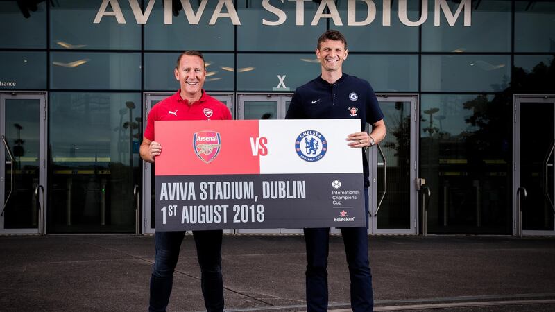 Ray Parlour and Tore André Flo at the announcement of the friendly between Arsenal and Chelsea in Dublin. Photo: Tommy Dickson/Inpho