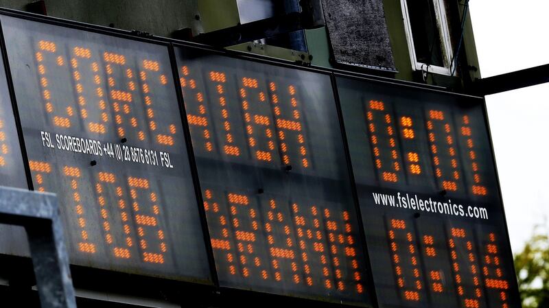 A view of the scoreboard at half-time. Photograph: Tommy Dickson/Inpho