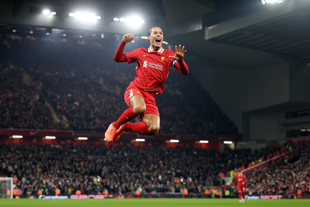 Virgil van Dijk of Liverpool celebrates scoring his team's fourth goal. Photograph: Carl Recine/Getty