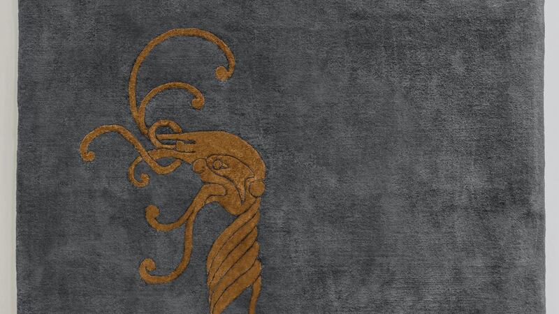 Detail of Croí rug in grey and gold from the Rhyme Studio’s Insula series.