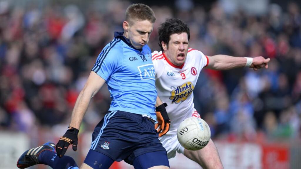 Tyrone’s Seán Cavannagh and Dublin’s Eoghan O’Gara will again do battle at Croke Park in their Division One encounter. Photograph: Inpho