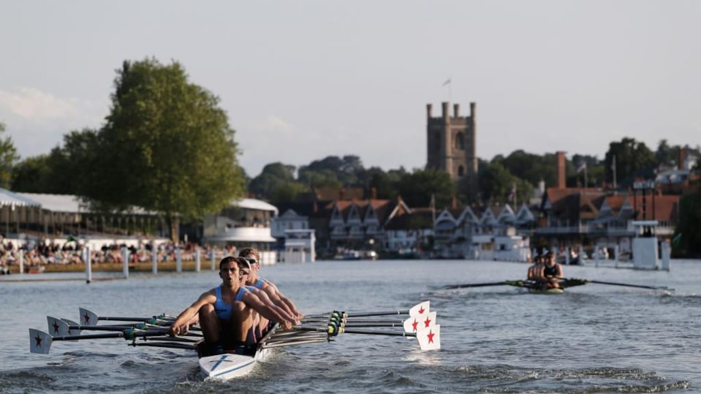 The Star Club (left) row down the straight during their Fawley Challenge Cup race against Maidenhead Rowing Club at Henley Regatta. Photograph: Harry Engels/Getty Images.