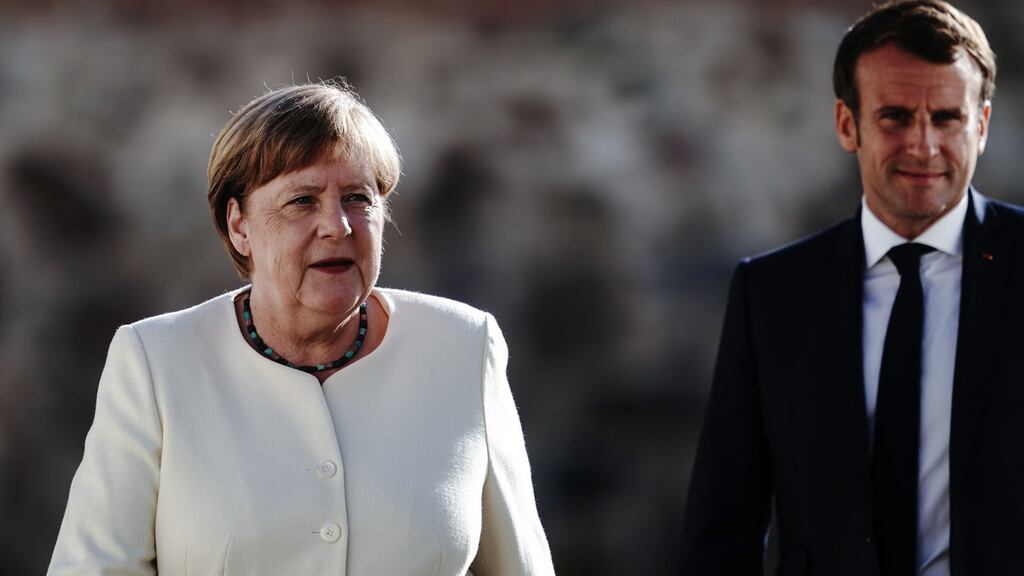 German chancellor Angela Merkel and French president Emmanuel Macron. Photograph: Kay Nietfeld/Pool/AFP via Getty