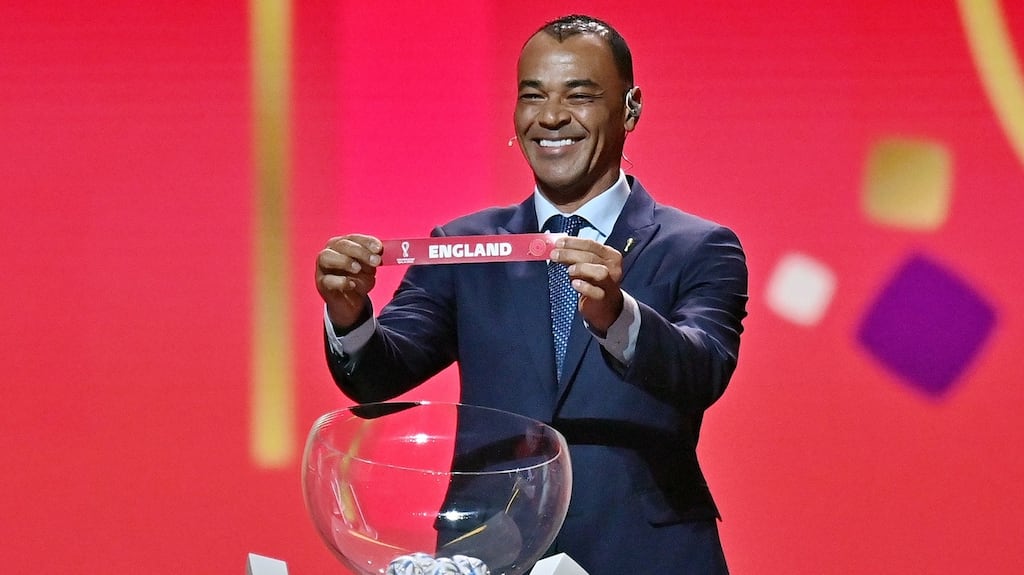 Former Brazilian international Cafu holds the ticket of England during the main draw for the   World Cup 2022 in Doha, Qatar. Photograph: Noushad Thekkayil/EPA