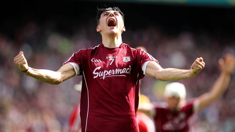 Galway’s Mark Gill celebrates at the final whistle of the All-Ireland Minor Hurling Championship Final at Croke Park. Photograph: Ryan Byrne/Inpho