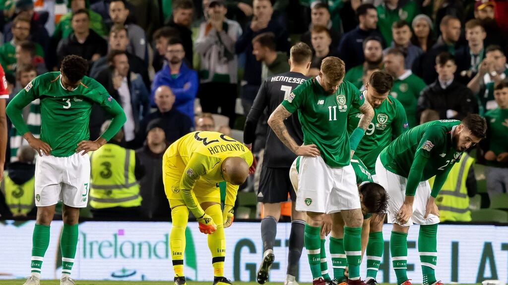 Ireland players dejected at the final whistle of the Uefa Nations League at the Aviva stadium. Photograph: Morgan Treacy/Inpho