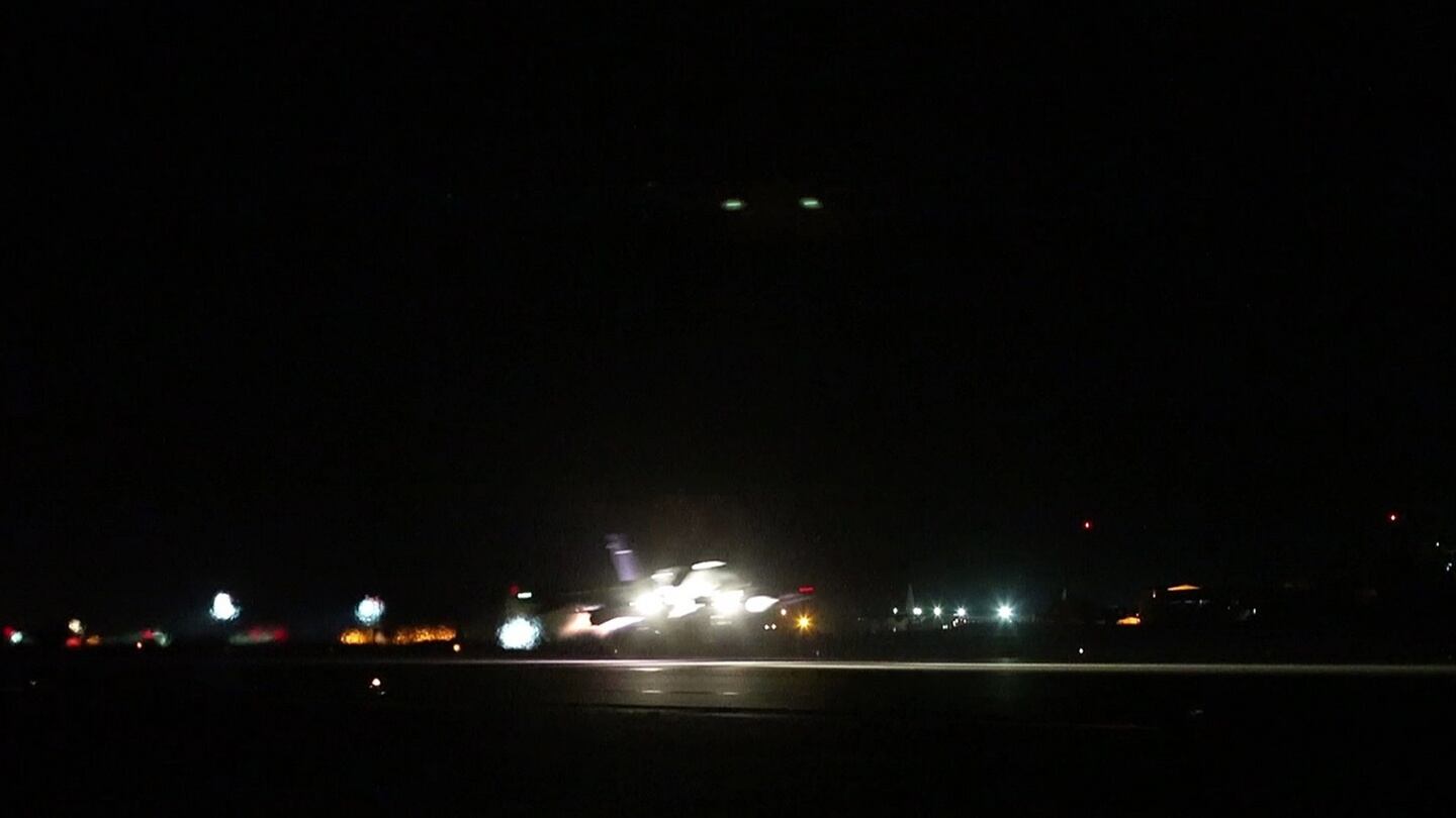 Screen grab image  taken from footage issued by the MoD of RAF Tornado aircraft departing RAF Akrotiri in Cyprus. Photograph: PA