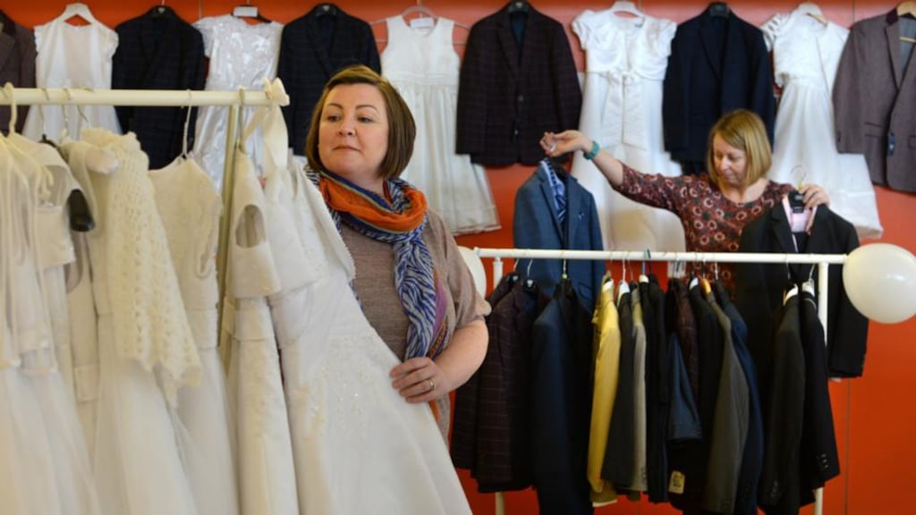 Jacqui Dwyer (left) and Louise Smyth at the community communion pop-up shop at Ballymun Child and Family Resource Centre in Ballymun, Dublin. Photograph: Dara Mac Dónaill/The Irish Times