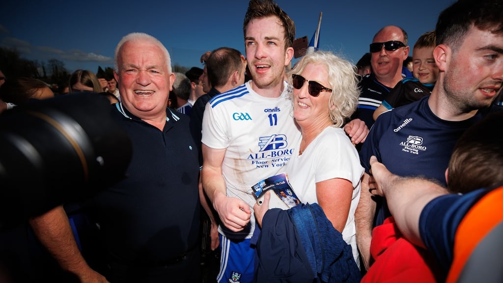 Monaghan’s Jack McCarron celebrates with his father Ray and mother Patricia after sending Dublin to Division Two with his late free in 2022. More recently he has endured a fairly torrid year among Monaghan people. Photograph: James Crombie/Inpho