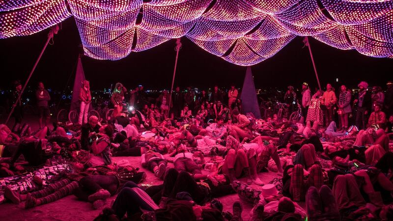 ‘Burners’ relax under the ‘Firmament’ by Christopher Schardt, Burning Man 2016