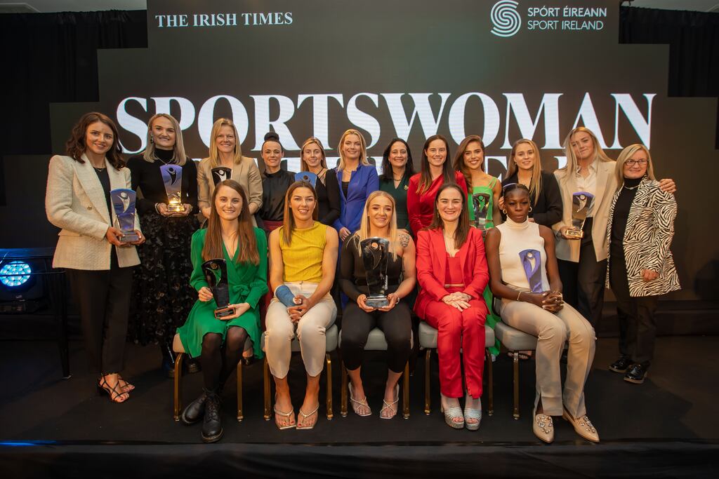 Amy Broadhurst, Irish Times Sportswoman of the Year 2022 with fellow monthly winners and Catherine Martin TD, Minister for Tourism, Culture, Arts, Gaeltacht, Sport and Media, Dr Una May, Sport Ireland CEO and former footballer Olivia O’Toole. Photograph: Morgan Treacy/Inpho