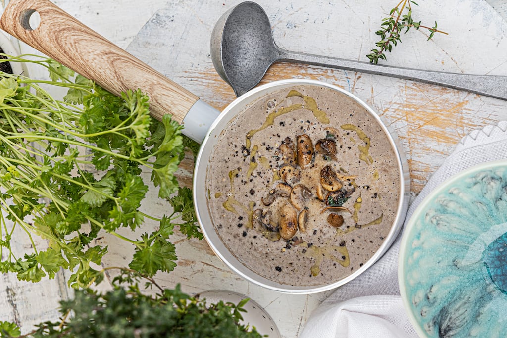 Mushroom, miso and tarragon cream soup. Photograph: Harry Weir Photography
