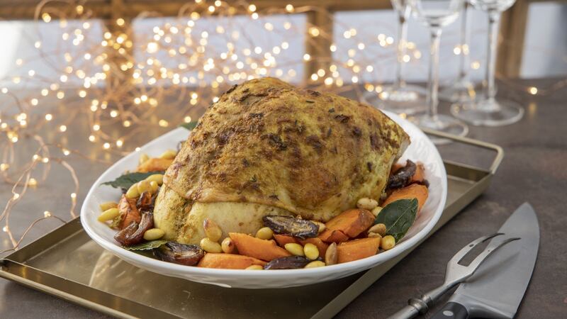 Roast turkey crown, ras-al-hanout, carrots, dates and almonds. Photograph: Harry Weir