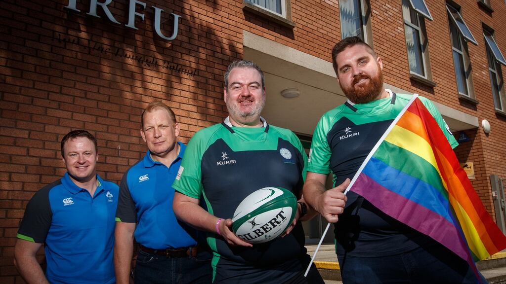 IRFU’s director of rugby development Scott Walker;  IRFU operations manager of participation rugby David Keane; Damien Kavanagh, president of the Emerald Warriors and member of the organising committee of Union Cup 2019; and Tony Hayes, Union Cup organising committee chair. Photograph:     James Crombie/Inpho