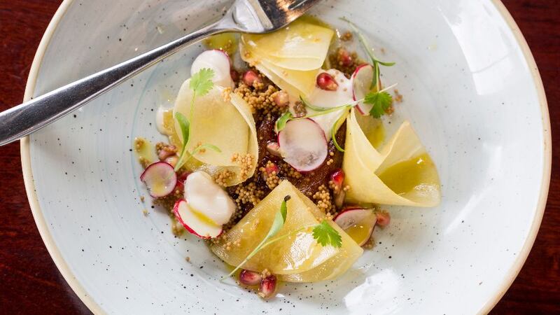 Pork belly, marinated kohlrabi, braised mustard seeds, pomegranate, and yoghurt, by Killian Durkin, head chef at Charlotte Quay, Dublin