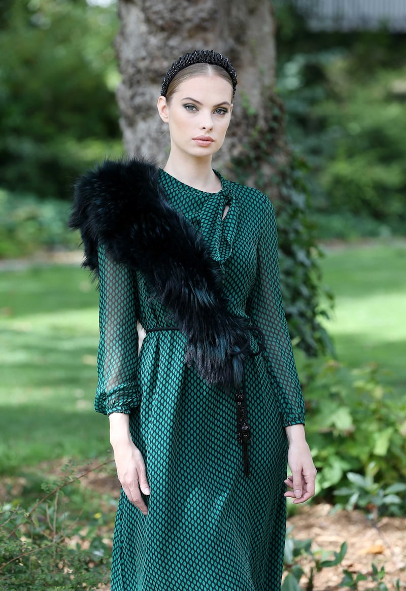 Louise Kennedy autumn-winter 2019: model Dioni Tabbers wears an Aubrey printed emerald and black silk dress, €1,295; and a Jersey belt with jet beaded tassels, €195. Photograph: Sasko Lazarov/Photocall Ireland