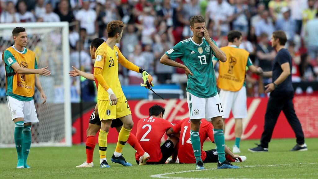 Thomas Mueller of Germany stands dejected after their 2018 World Cup Group F loss to South Korea in Kazan. Photo: Kevin C. Cox/Getty Images