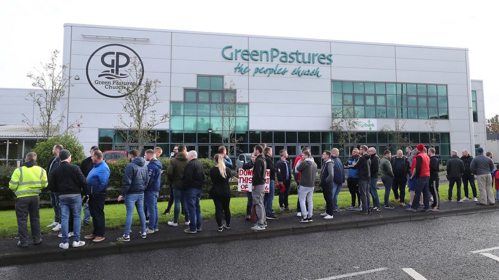 Protesters outside Green Pastures church in Ballymena during a Sunday Service. Photograph: Niall Carson/PA Wire