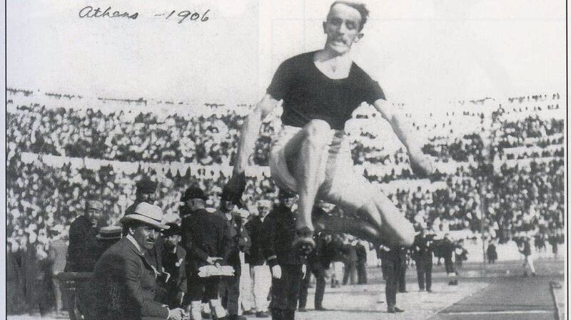 Peter O’Connor on the way to winning gold at the 1906 Olympics. Photo: National Archive