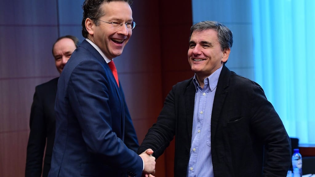 Euro group president  Jeroen Dijsselbloem and Greece’s finance minister Euclid Tsakalotos  meet ahead of a euro group finance ministers meeting  on Monday. Photograph: Emmanuel Dunand/AFP/Getty Images