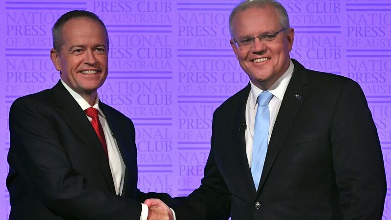 Bill Shorten shakes hands with Australian prime minister Scott Morrison (right) before a debate at the National Press Club in Canberra, Australia on May 8th. Photograph: Mick Tsikas/EPA